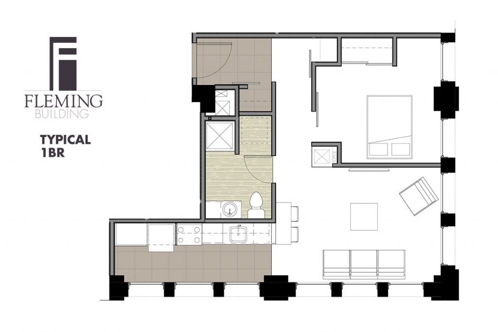 Typical one-bedroom floor plan diagram at The Fleming Building