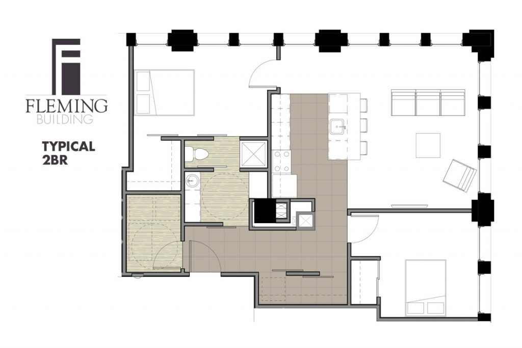 Typical two-bedroom floor plan diagram at The Fleming Building