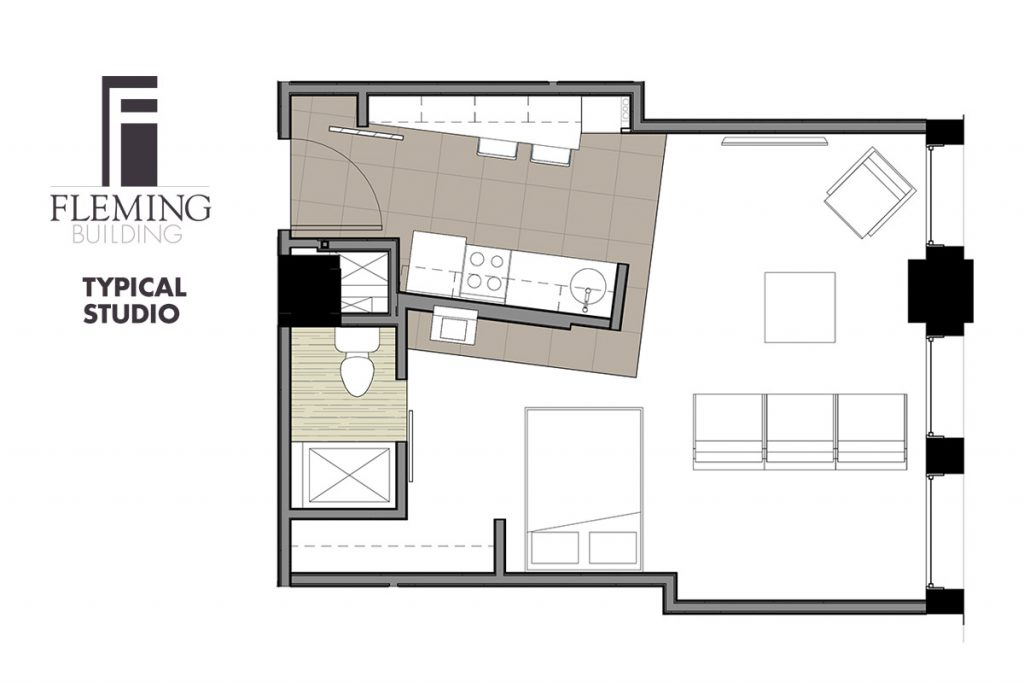 Typical studio floor plan diagram at The Fleming Building