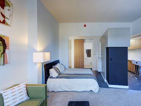Studio bed, bath, and kitchen combined view